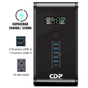 UPS CDP R-SMART 2010I 2000VA / 1200W / 10 SALIDAS / 5 PORT USB-A / 1 PORT USB-C BLACK (R-SMART2010I)