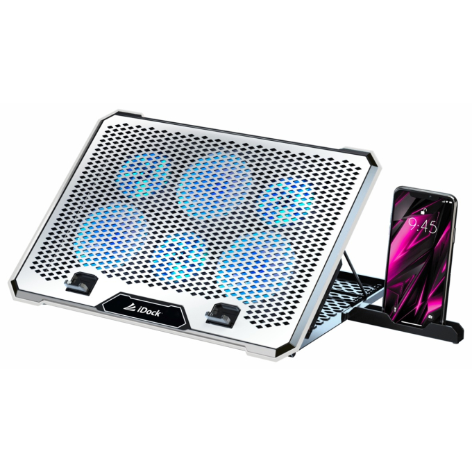 Cooler / Stand iDock para Laptop Turbine Silver - Malla metalica. Material de Aluminio, 7 Niveles de elevacion, Laptop 14pulgadas - 18pulgadas, 2 puertos USB / iDock