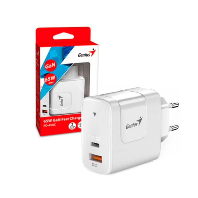 Cargador de Pared GENIUS PD-65AC 65W FAST CHARGE 1 USB-C 1 USB-A WHITE (32590010400) / GENIUS