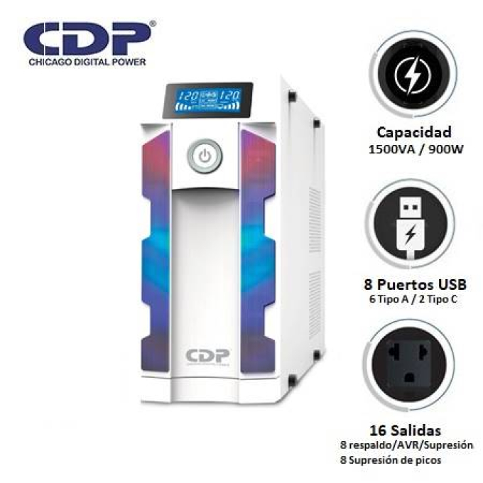 UPS CDP GAMING G-SMART1516I 1500VA / 900W / 16 SALIDAS / 8 PORT USB-A / 2 PORT USB-C BLACK (G-SMART1516I) / CDP