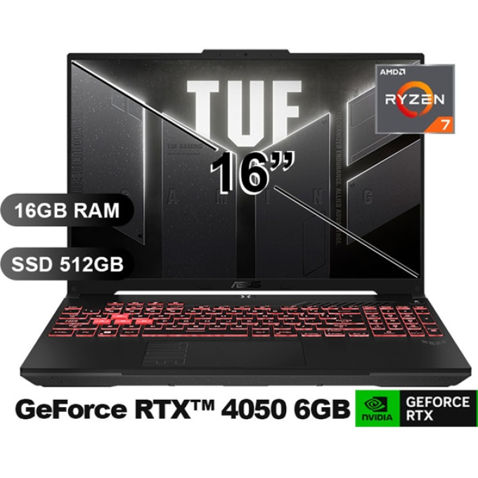 Laptop Asus TUF GAMING A16, AMD Ryzen7-7445HS, Memoria RAM 16Gb, Disco Solido 512Gb SSD, Video Nvidia RTX4050 6Gb, FA607NUG-RL117 gamer / Asus