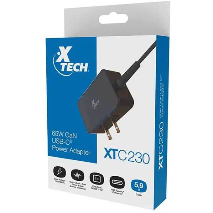 Xtech - 65W GAN USB-C?- Cargador - voltaje 110/240VCA plug NEMA 1-15P 5.9ft XTC-230 / Xtech