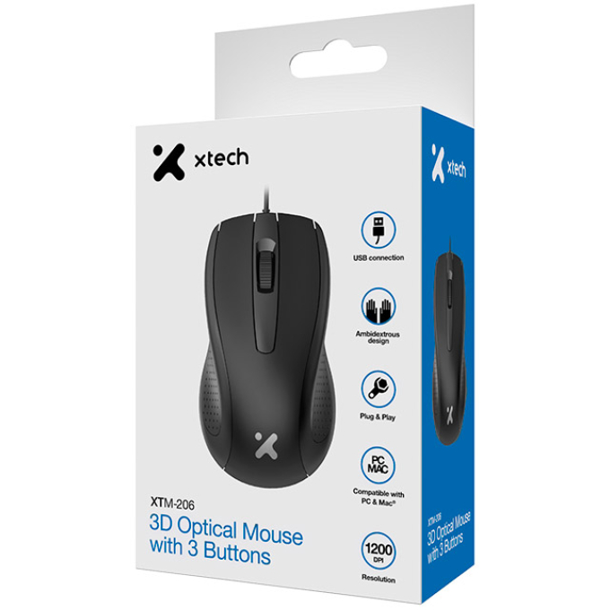 Mouse usb Xtech - XTM-206 -Wired-Black-Ambidiestro 3Button 1200 dpi / Xtech