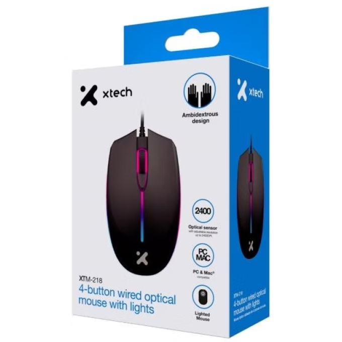 Mouse usb Xtech - XTM-218 -Wired-Black-4 buttons with Light 2400 dpi / Xtech