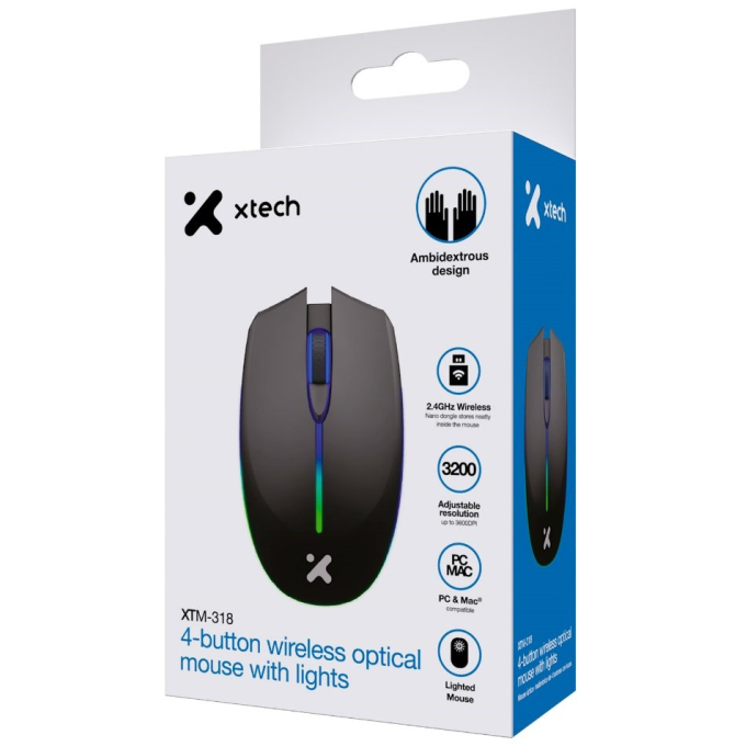 Mouse usb Xtech - XTM-318 -2.4 GHz-Wireless-Black-4 buttons with Light 3200 dpi XTM-318 / Xtech