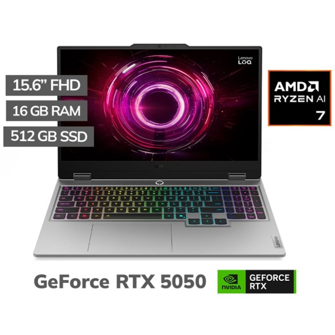 Laptop Lenovo LOQ, AMD Ryzen7 250, Memoria RAM 16Gb, Disco Solido 512Gb SSD, Video NVIDIA RTX 5050 8Gb, Pantalla 15.6pulgadas Full HD 144Hz, Teclado Español (America Latina), 15AHP10 83JG007VLM gamer / Lenovo