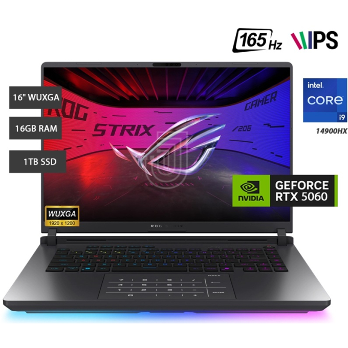 Laptop Asus ROG STRIX G16, Intel i9-14900HX, Memoria RAM 16Gb DDR5, Disco Solido 512Gb SSD, Video Nvidia RTX 5060 8Gb, Pantalla 16pulgadas 165Hz WUXGA IPS, G615JMR-RV396W gamer, Garantia 2Years Carry In / Asus