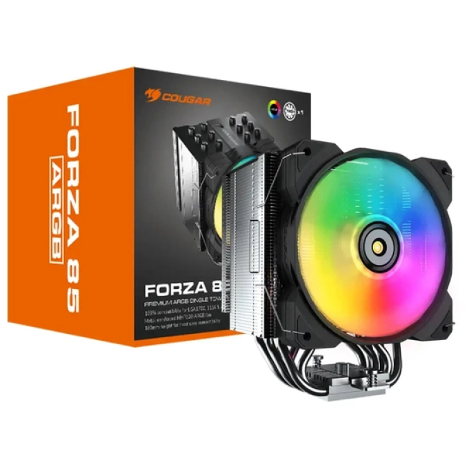 Disipador Ventilador COUGAR Forza 85 ARGB CGR-FZA85-ARGB - Procesador, CPU, Chasis - 120mm Maximum Fan Diameter - 1 x Fan(s) - 6 x Heat Pipe(s) - 140.13m³/hora Maximum Airflow - 2000rpm - Air Refrigerador - Rodamiento hidrodinamico - Compatible Intel Socket: LGA-115X, B LGA-1366, LGA-1200, LGA-1700, R LGA-2011, R4 LGA-2066 - Compatible AMD Socket: AM5, AM4, FM2 - ARGB LED / Cougar