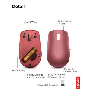 Mouse Lenovo 530 Travel - Radiofrecuencia - USB 2.0 Tipe A - Óptico - 3 Botón(es) - Rojo Cereza - Cable/Inalámbrico - 2.40GHz - 1200 dpi - Rueda de desplazamiento - Simétrico - 1 x AA Battery Supported / 