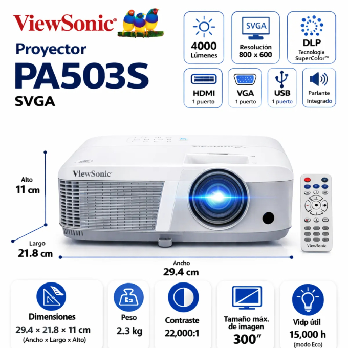 ViewSonic PA503S - Proyector DLP - 3D 4000 ANSI lumens-SVGA (800 x 600)-4:3-con 1 año de servicio de cambio urgente PA503S / Viewsonic