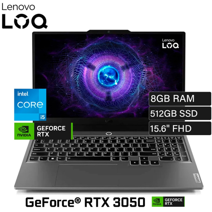 Laptop Lenovo LOQ 15IAX9, Intel i5-12450HX, Memoria RAM 8Gb, Disco Solido 512Gb SSD, Video Nvidia GeForce RTX 3050 6Gb GDDR6, Pantalla 15.6pulgadas FHD IPS, gamer 83GS006WLM / Lenovo