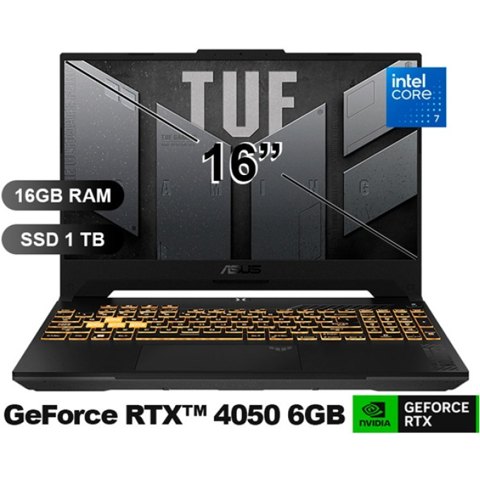 Laptop ASUS TUF Gaming A16, Intel i7- 240H, Memoria RAM 16Gb, Disco Solido 1Tb SSD, Video Nvidia RTX4050 6Gb, Pantalla 16pulgadas FHD, Gamer FX607VU-RL228 / Asus