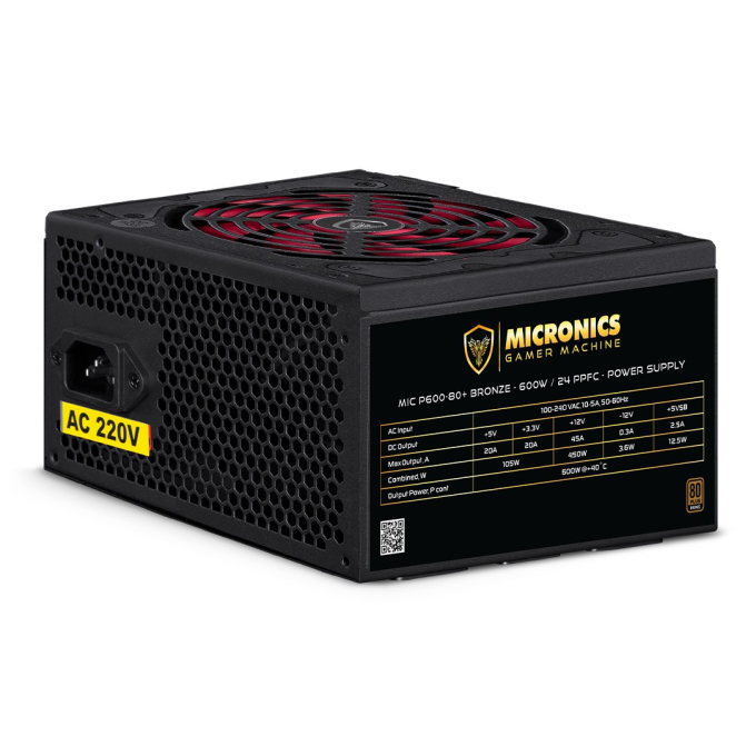 Fuente de Poder ATX Micronics P600-80 600W PPFC 80 Plus Bronze / Micronics