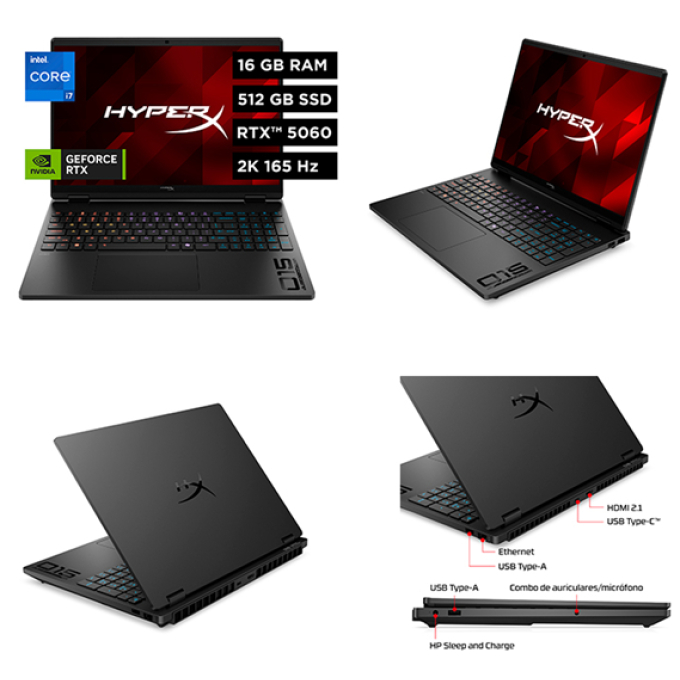 Laptop HP HyperX Omen 15-ga0001la, Core i7-14650HX hasta 5.2GHz, RAM 16GB, Disco solido 512Gb, RTX 5060 8gb, Pantalla 15.3pulgadas, Win11 / HP