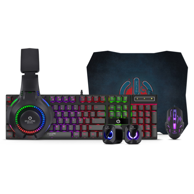 Kit Gamer 5 en 1 Enkore Bravio5 ENT G1000-5 con Teclado, Mouse, Audifonos con microfono, Parlantes y Mouse Pad / Enkore