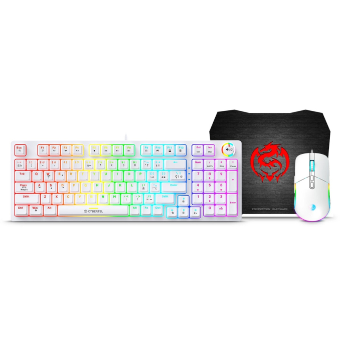Kit Gamer Cybertel Striker White CBX GT1802W con Teclado Mecanico Rainbow Blanco, Mouse RGB Blanco y Mouse Pad / Cybertel