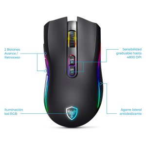 Mouse Gamer Inalambrico Micronics Kripton 3 Black GM801-3M Recargable RGB 4800 DPI 7 Botones / Micronics