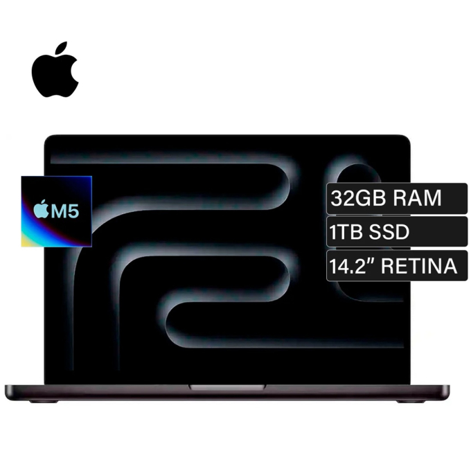 Laptop Apple MacBook Pro MJ3D4E/A, Procesador Apple M5, Memoria RAM 32Gb, Disco Solido 1Tb SSD, Pantalla 14.2pulgadas 120Hz 3024x1964, macOS Tahoe, Negro, 24Horas Duracion de pilas, Wi-Fi 6E / Apple