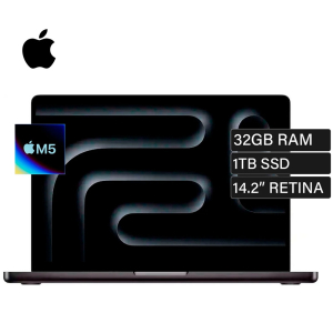 Laptop Apple MacBook Pro MJ3D4E/A, Procesador Apple M5, Memoria RAM 32Gb, Disco Solido 1Tb SSD, Pantalla 14.2 120Hz 3024x1964, macOS Tahoe, Negro, 24Horas Duracion de pilas, Wi-Fi 6E