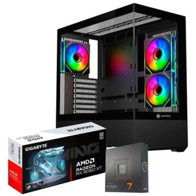 CPU Ensamblado, AMD Ryzen 7 7700X 4.5GHz, Memoria RAM 16GB DDR5, Disco Solido 1Tb SSD PCIe Gen4, Video Radeon RX 9060 XT 16Gb, Refrigeracion Liquida ARGB, fuente 750W Gold 80Plus / CompuMarket