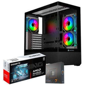 CPU Ensamblado, AMD Ryzen 7 7700X 4.5GHz, Memoria RAM 16GB DDR5, Disco Solido 1Tb SSD PCIe Gen4, Video Radeon RX 9060 XT 16Gb, Refrigeracion Liquida ARGB, fuente 750W Gold 80Plus