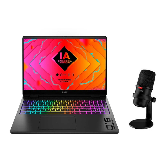 Combo Gamer Laptop HP OMEN 16 de 16pulgadas & Microfono USB HyperX SoloCast, Ryzen 9 8940HX, Memoria RAM 24Gb, Disco Solido 1Tb SSD, Pantalla de 144Hz, Video Nvidia RTX 5060 8Gb, 16-ap0008la / HP