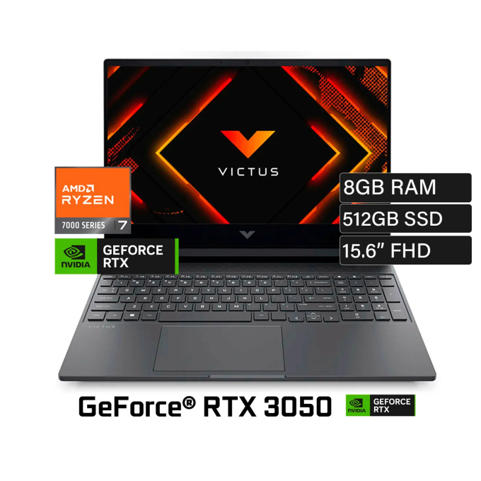 Laptop HP Victus Gamer 15-fb3019la, AMD Ryzen 7 7445HS, Memoria RAM 8GB, Disco Solido 512GB SSD, Video Tarjeta NVIDIA GeForce RTX 3050 4GB, 15.6 Full HD 144Hz IPS, FreeDOS 3.0, Plata mica / HP