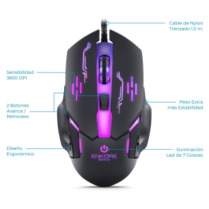 Mouse Enkore Bravio USB 6 Botones 3600 DPI 7 LEDs Gamer, EKM313 / Enkore