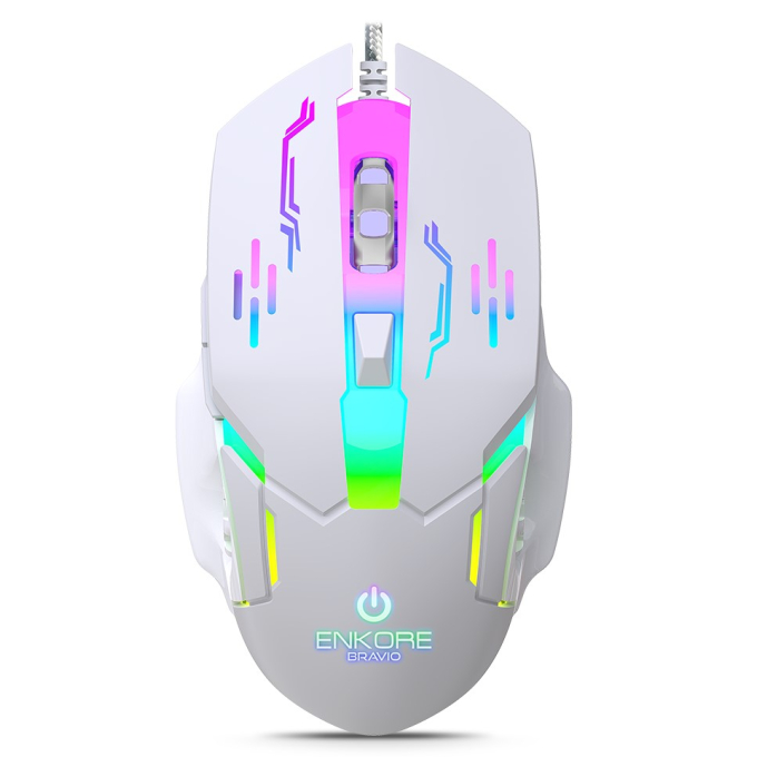 Mouse Enkore Bravio White USB 6 Botones 3600 DPI 7 LEDs Gamer, EKM313W / Enkore