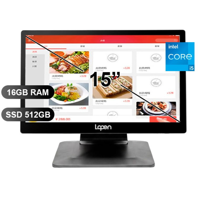 All in One Lopen POS LN-D180N, Intel Core i5-1235, Memoria RAM 16GB, Disco Solido 512GB SSD, Pantalla Tactil 15pulgadas, VGA, HDMI, 4 USB, RJ45 / Lopen