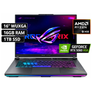 Laptop ASUS ROG Strix G16, AMD Ryzen 9 9955HX, Memoria RAM 16GB, Disco Solido 1TB SSD, Video RTX 5060 8GB, Pantalla 16 1920x1200 WUXGA 165Hz, Win11, Gris Eclipse, Teclado Retroiluminado, G614FM-WS94