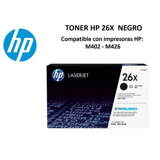 CARTUCHO DE TONER ORIGINAL LASERJET HP 26X NEGRO DE ALTA CAPACIDAD (CF226X) / HP