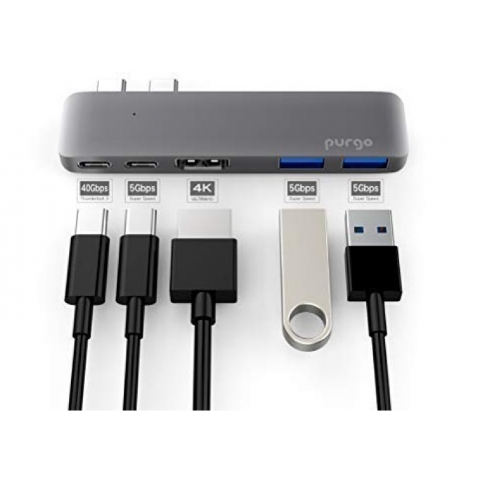 Adaptador Hub USB/C para apple MacBook Air/Pro 2019/2018-2016, 4K HDMI, 40Gbps - 2xUSB 3.0 - Gris Espacial / PURGO