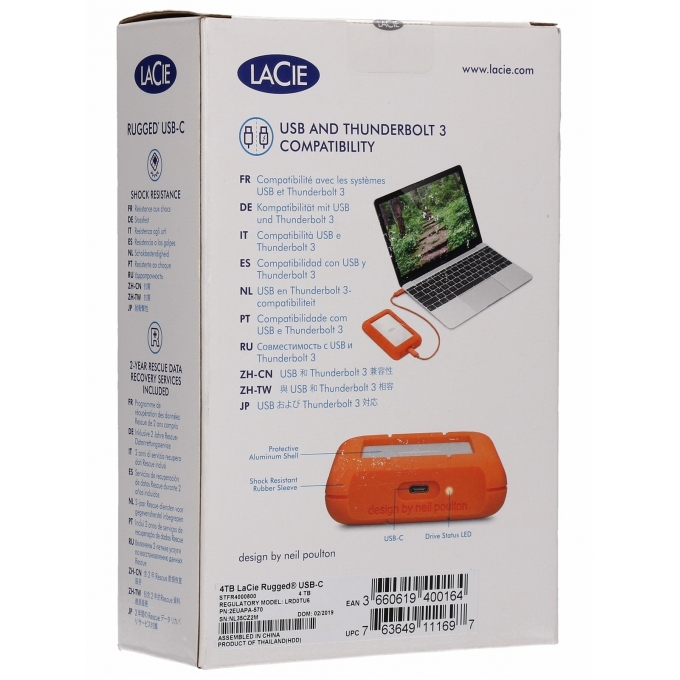 Disco Duro Externo LaCie RUGGED 4TB USB-C, USB 3.0, Drop Shock Dust Rain Resistant, for Mac and PC STFR4000800 / LACIE