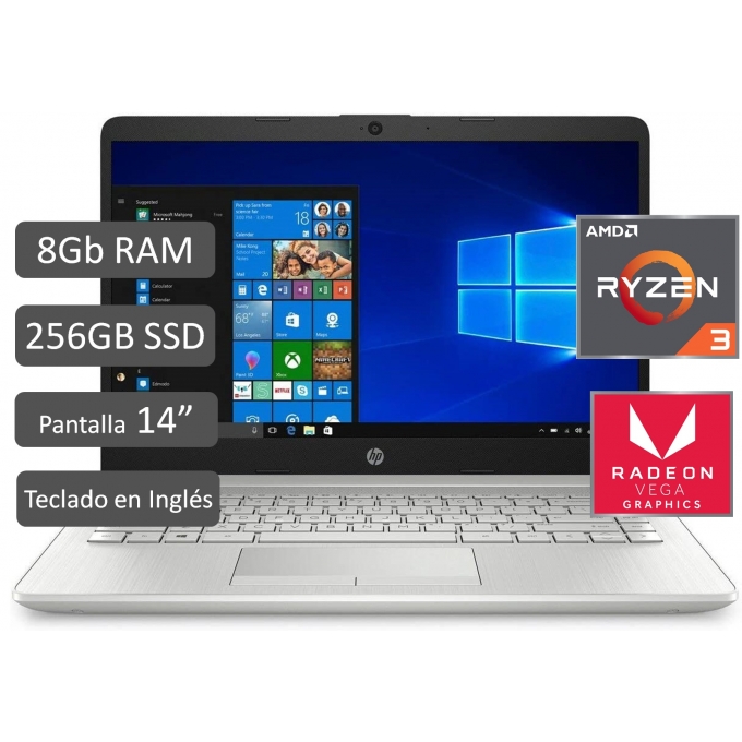 Laptop HP 14 dk1074nr AMD Ryzen 3-3250U 2.6GHz, Memoria 8GB, Disco 256GB SSD, AMD Radeon Graphics, Pantalla 14pulgadas(1366X768), W10s, Silver / HP