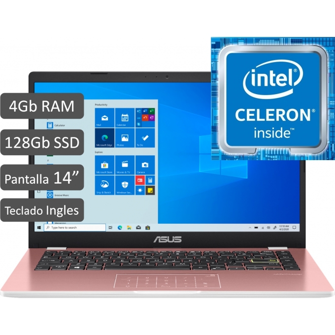 Laptop ASUS E410MA-202 Celeron N4020 1.1GHz, Memoria 4GB, Disco 128GB HDD,  Pantalla 14pulgadas, Teclado Ingles, W10 Home, Rose Pink / ASUS
