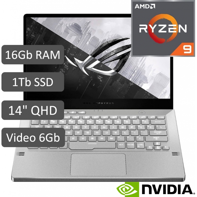 LAPTOP ASUS ROG ZEPHYRUS G14, RYZEN 9 4900HS, Memoria 16GB RAM, Disco 1TB SSD, Video NVIDIA 6Gb, Pantalla 14pulgadas QHD Gamer / ASUS