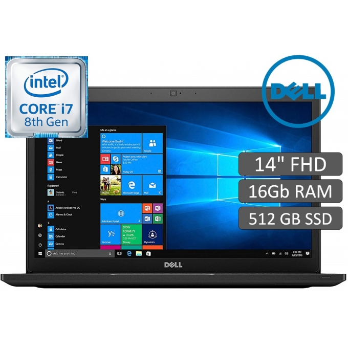 Laptop Dell Latitude 7490, i7-8650U, Memoria 16Gb RAM, Disco Solido 512 Gb SSD, W10 Pro, Pantalla 14pulgadas FHD, K105W / DELL